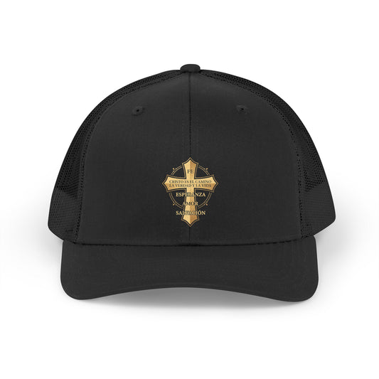 Retro Trucker Hat with Gold Cross Embroidered Patch — Vintage Faith Baseball Cap