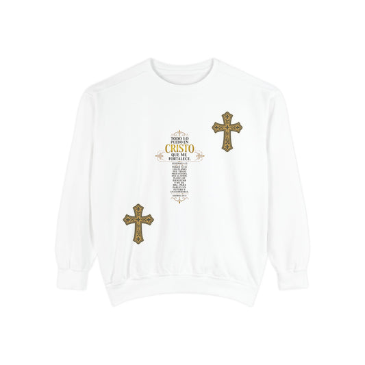 Christian Cross Sweatshirt — 'Todo lo Puedo en Cristo' Inspirational Garment-Dyed Crewneck